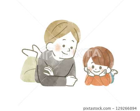 父母與孩子互相微笑 — 水彩畫 129266894