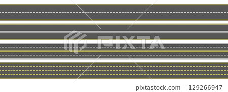 Top view road markings set. Highway lines and race tracks set. Seamless straight street road pack. Town or city pavement asphalt repeated patten. Horizontal roadway drive stripes bundle. Vector 129266947