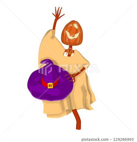 Halloween Scarecrow Lantern Jack pumpkin funny and cute. One of the symbols of the autumn holiday. Vector illustration. 129266993