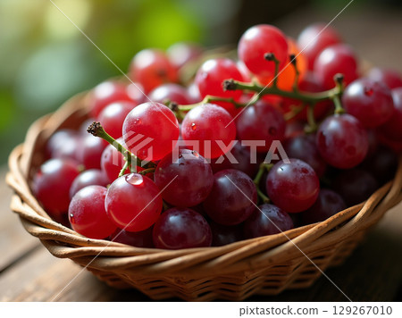 Vibrant Red Grapes with Water Droplets on a Wooden Table 129267010