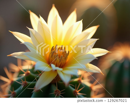 Delicate Blooming Cactus Flower with Soft Backlight and Prominent Spines 129267021
