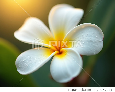 Pristine White Frangipani Flower with Dew Drops in a Gentle Morning Backlight 129267024