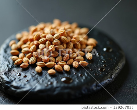 Scattered Dry Coriander Seeds on a Moist Black Stone, Macro Shot Scattered Dry Coriander Seeds on a Moist Black Stone, Macro Shot 129267035
