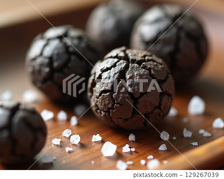Macro of Black Peppercorns with Cracked Texture and Salt on a Wooden Tray 129267039