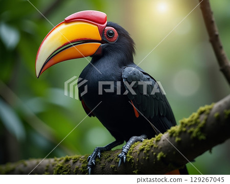 Black Hornbill with a Striking Red and Yellow Casque Perched on a Mossy Branch 129267045