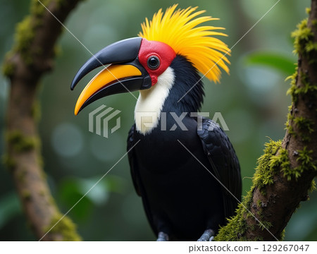 Close-up Portrait of a Helmeted Hornbill with a Spiky Yellow Crest and Red Casque 129267047
