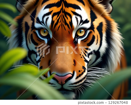 Ultra-closeup Portrait of a Sumatran Tiger with an Intense Gaze Behind Jungle Leaves 129267048