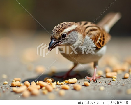 Closeup of a Sparrow with Striped Feathers Pecking Grains on a Sunny Stone Surface 129267058