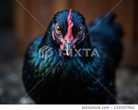 Frontal Close-up of a Cemani Chicken with an Intense Stare and a Red Comb 129267062