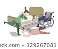 Illustration of an accident in which an elderly man falls from his wheelchair in front of a nursing bed 129267081