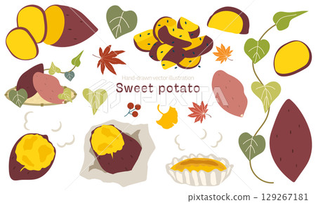 Cute hand-drawn sweet potato illustration material set 129267181
