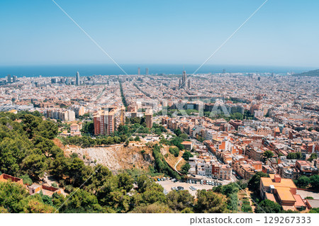 Panoramic View of Barcelona Cityscape from Bunkers del Carmel in Spain 129267333