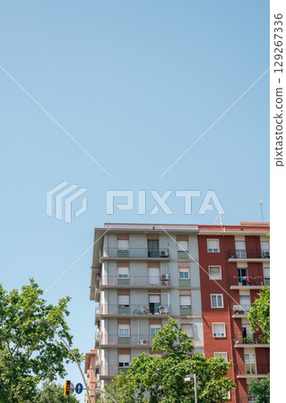 Colorful facade of apartment building in Barcelona, Spain Colorful facade of apartment building in Barcelona, Spain 129267336