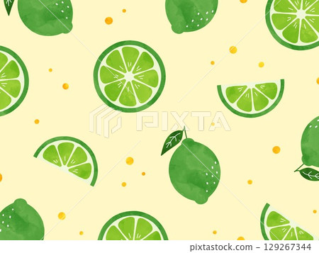 Watercolor background illustration of limes lined on a yellow background Watercolor background illustration of limes lined on a yellow background 129267344