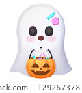 Cute ghost with pumpkin candy bucket halloween 129267378