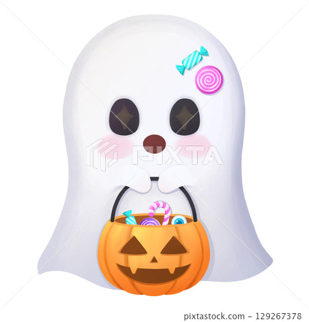 Cute ghost with pumpkin candy bucket halloween Cute ghost with pumpkin candy bucket halloween 129267378