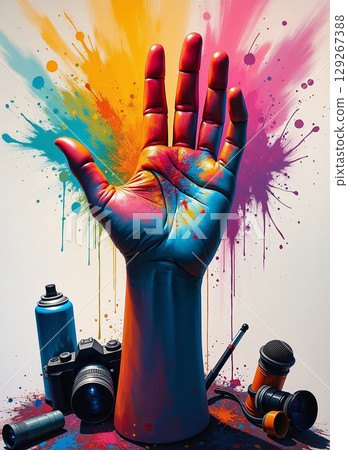 An explosion of creativity, featuring a vibrant, paint-covered hand rising above media tools like a camera and microphone. This conceptual art symbolizes modern expression and multimedia. 129267388
