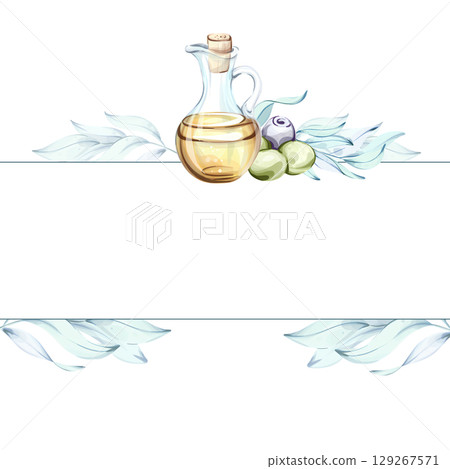 Exploring the beauty of olives and olive oil through watercolor illustrations frame, border, arrangement 129267571