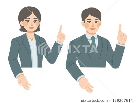 一位身穿西裝的女士和一位男士的半身像插圖，正在解釋 129267614