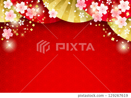 Japanese style background of cherry blossoms on a folding fan, horizontal, red, cute, illustration Japanese style background of cherry blossoms on a folding fan, horizontal, red, cute, illustration 129267619