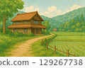 Landscape of a small two-story house in the countryside / AI illustration 129267738