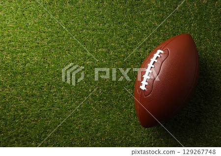 A classic football rests on lush green grass under clear skies 129267748