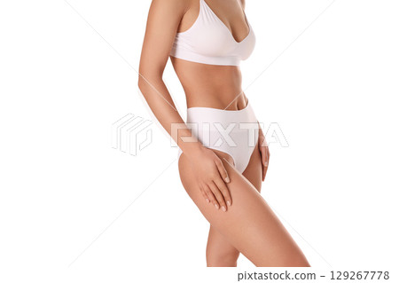 Model in white undergarments poses confidently, isolated on white, PNG Model in white undergarments poses confidently, isolated on white, PNG 129267778