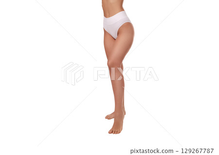 Model displays sleek high-waist underwear, isolated on white, PNG Model displays sleek high-waist underwear, isolated on white, PNG 129267787