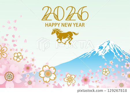 2026 年年新年賀卡 - 奔馬、櫻花、暴風雪,背景為富士山 2026 年年新年賀卡 - 奔馬、櫻花、暴風雪,背景為富士山 129267818