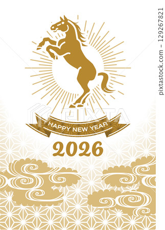 2026 New Year's Card Template - Standing Horse Icon with Clouds and Japanese Pattern Background, Sepia 129267821