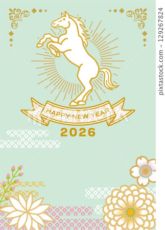 2026新年賀卡模板 - 站立的白馬和光環日本花卉背景 129267824