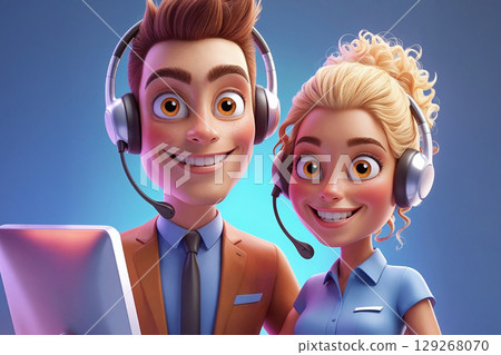 A 3D illustration of a male and female customer support agent. These friendly cartoon characters with large smiles and headsets are perfect for any business or communication concept. A 3D illustration of a male and female customer support agent. These friendly cartoon characters with large smiles and headsets are perfect for any business or communication concept. 129268070