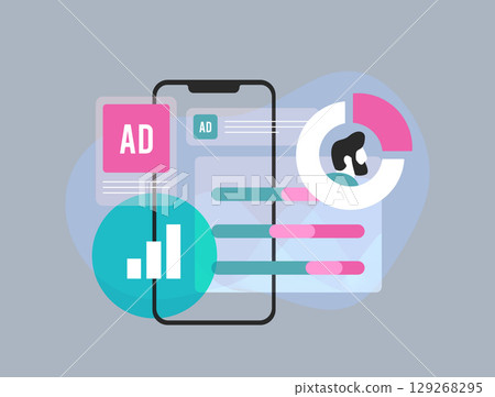 Personalized advertising dashboard with AI-driven targeting, dynamic creatives and user behavior ad analytics. Boost ads engagement using personalized advertising dashboard. Flat vector illustration 129268295