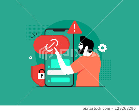 Phishing link detection with mobile security, suspicious link alerts and safe browsing. Phishing link detection to protect users from cyber threats and malicious websites vector illustration Phishing link detection with mobile security, suspicious link alerts and safe browsing. Phishing link detection to protect users from cyber threats and malicious websites vector illustration 129268296