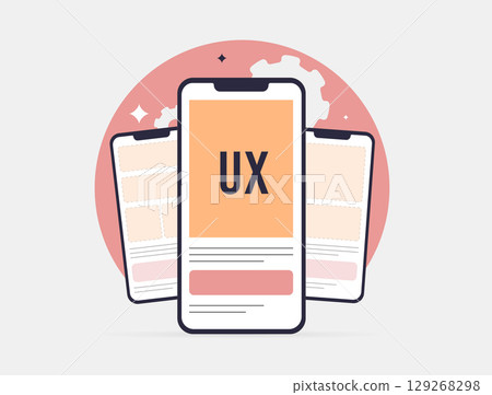 Mobile UX design with user interface testing, wireframes and usability optimization. Mobile UX design for improving user experience, navigation, user experience interaction flow vector illustration 129268298