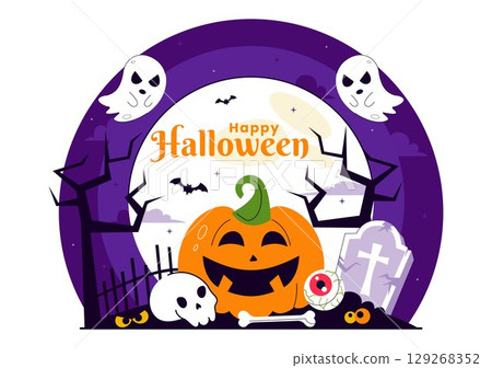 Happy Halloween Night Festival Vector Illustration featuring Pumpkins in the Moonlight, Ghosts, and Other Spooky Elements in a Flat Cartoon Background 129268352