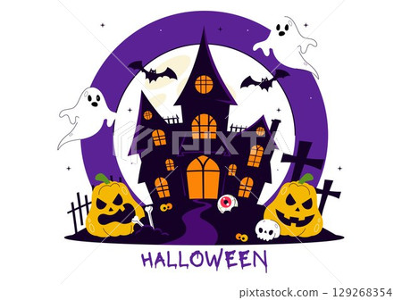 Happy Halloween Night Festival Vector Illustration featuring Pumpkins in the Moonlight, Ghosts, and Other Spooky Elements in a Flat Cartoon Background Happy Halloween Night Festival Vector Illustration featuring Pumpkins in the Moonlight, Ghosts, and Other Spooky Elements in a Flat Cartoon Background 129268354