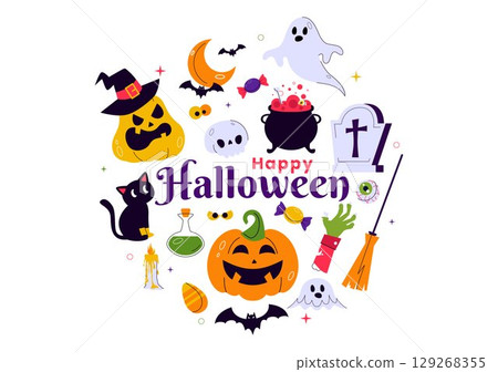 Happy Halloween Night Festival Vector Illustration featuring Pumpkins in the Moonlight, Ghosts, and Other Spooky Elements in a Flat Cartoon Background Happy Halloween Night Festival Vector Illustration featuring Pumpkins in the Moonlight, Ghosts, and Other Spooky Elements in a Flat Cartoon Background 129268355