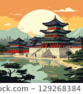 an AI Image Generator, Sunlit Traditional Asian Temples by a Serene Mountainou 129268384