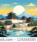 an AI Image Generator, Sunlit Traditional Asian Temples by a Serene Mountainou 129268385