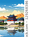 an AI Image Generator, Sunlit Traditional Asian Temples by a Serene Mountainou 129268386
