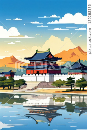 an AI Image Generator, Sunlit Traditional Asian Temples by a Serene Mountainou 129268386