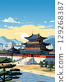 an AI Image Generator, Sunlit Traditional Asian Temples by a Serene Mountainou 129268387