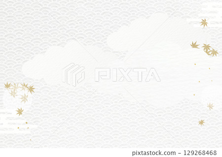 White Japanese-style background with a pattern of Seigaiha, maple leaves, and clouds 129268468