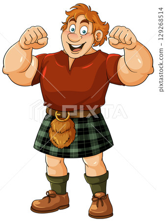 Smiling Cartoon Man Flexing in Traditional Scottish Kilt 129268514