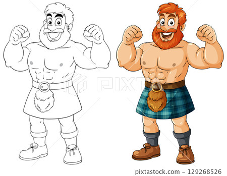 Muscular Cartoon Highlander Man in Traditional Kilt Flexing 129268526