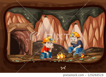 Two Miners Resting by Campfire Inside Underground Cave 129268528