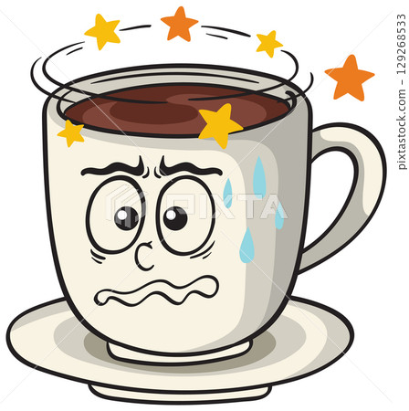 Anxious Coffee Cup Cartoon with Spinning Stars Anxious Coffee Cup Cartoon with Spinning Stars 129268533