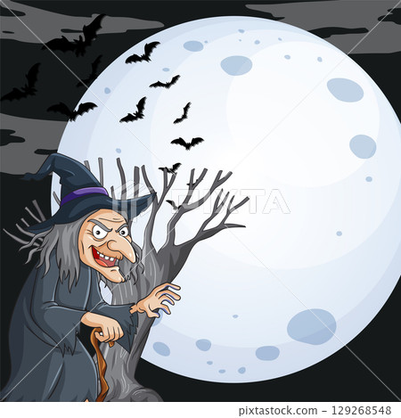 Cartoon Witch and Bats Under Full Moon at Night 129268548