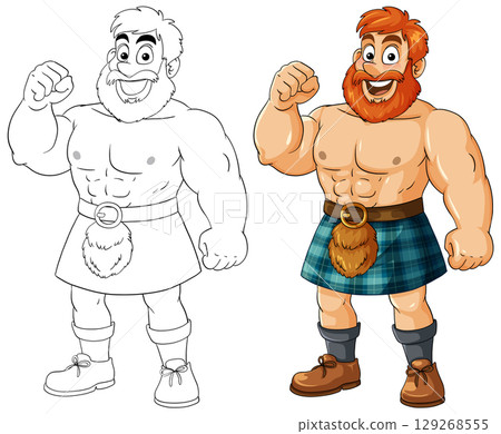 Cartoon Scottish Highlander Man in Traditional Kilt Cartoon Scottish Highlander Man in Traditional Kilt 129268555
